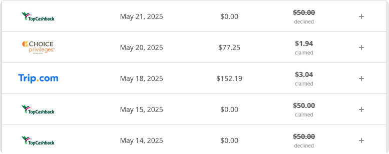 TopCashback 账户返现状态记录示例