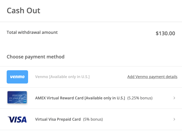 TopCashback Cash Out 提现方式示例