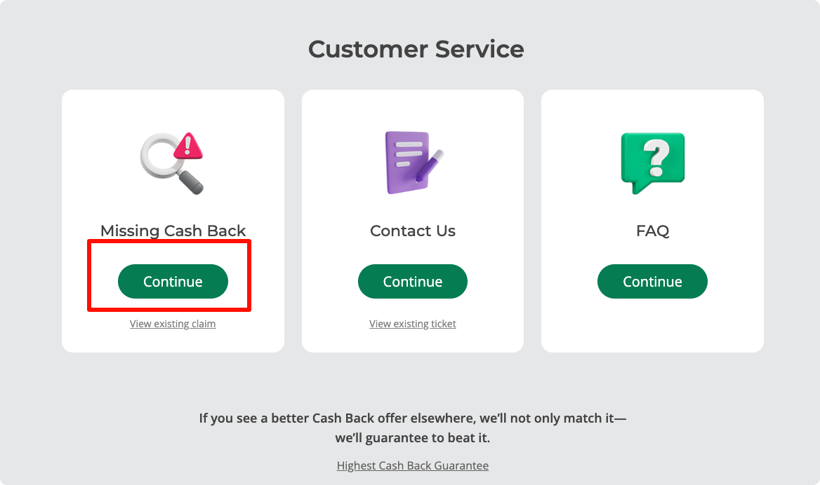TopCashback Missing Cash Back 客服入口示例
